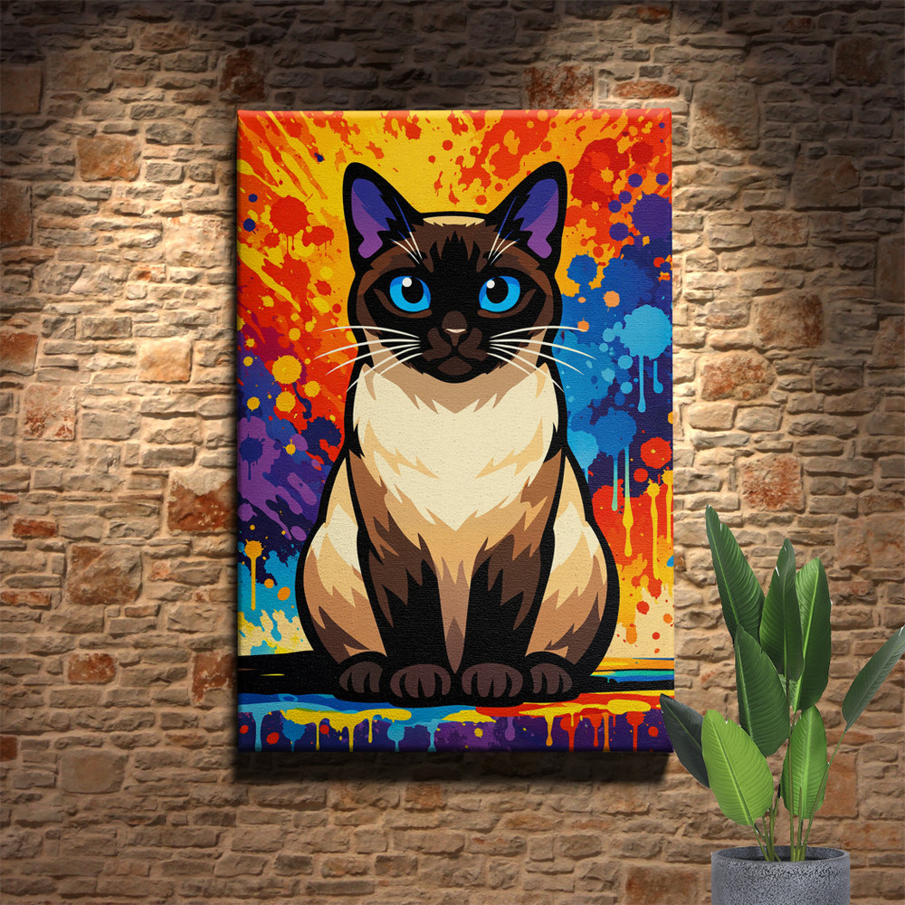 Colorful Siamese Cat Blue Eyes Painting Framed Canvas Print 20x30inch