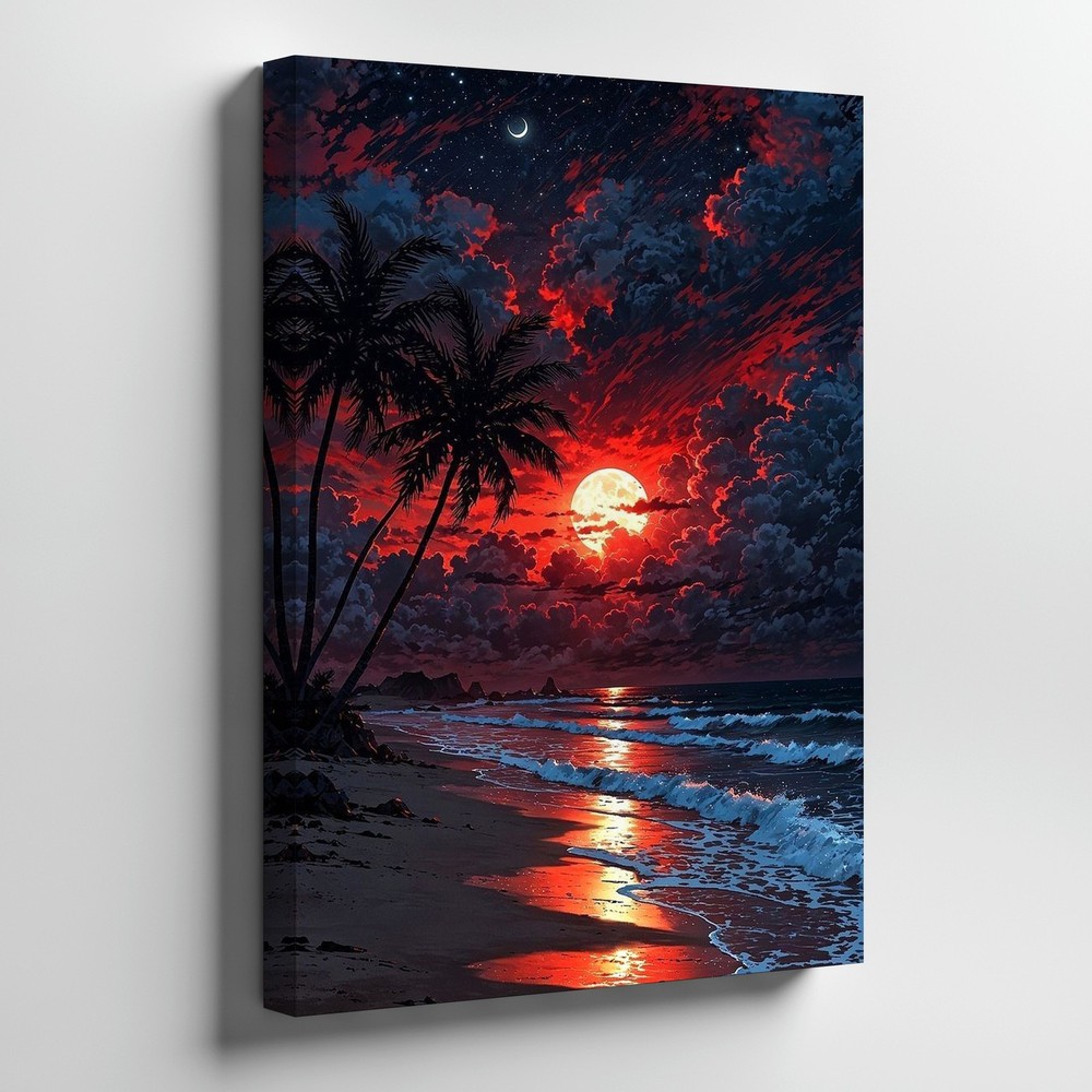 Red Moon Beach Night Canvas Art Tropical Palm Trees Ocean Waves Wall Decor Print