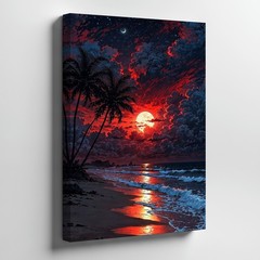 Red Moon Beach Night Canvas Art Tropical Palm Trees Ocean Waves Wall Decor Print