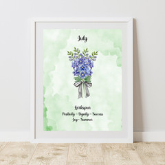 July Birth Flower Larkspur Green Watercolor Wall Art Print Gift 8×10 UNFRAMED