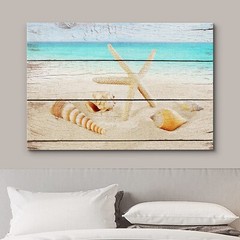 Vintage Rustic Wall Decor Starfish Seashells Wooden Canvas Wall Art – 16″x24″