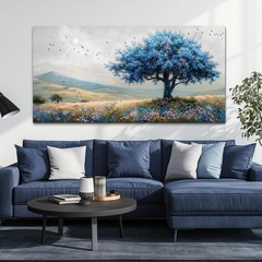 Field Scenery Wall Painting Blue Trees Wall Mural Wall Poster,24″x48″ DIY Framed