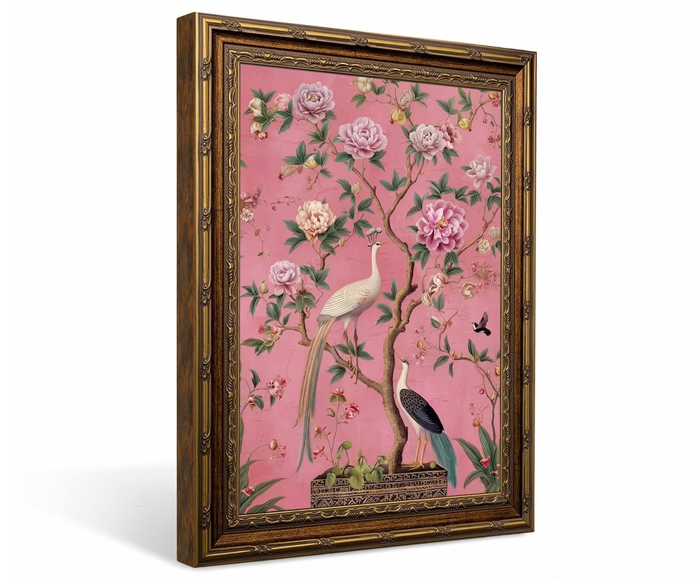 Framed Chinoiserie Floral Bird Wall Art Vintage Botanical Peony Painting Prin…