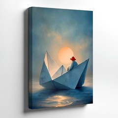 Wall Art Origami Paper Boat Sunset Ocean Surreal Figure Minimalist Print Decor