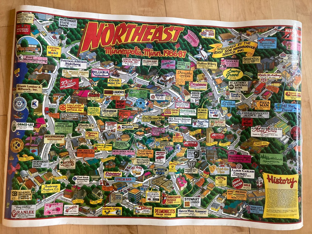 Vintage Northeast Minneapolis Minnesota MN Map Poster 1986-87 Business Store