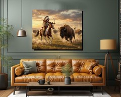 The Buffalo Hunt Native American Indian Chief Stretched Canvas Wall Art