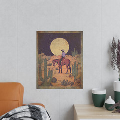 Vintage WESTERN COWBOY MOON Wall Art, Celestial Americana Desert Cactus Decor