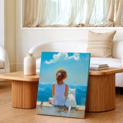 Wall Art Girl and White Cat Ocean View Canvas Print Coastal Blue Sky Painting