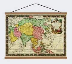 Old 1732 French Decorative Map of Asia 100% Cotton Canvas Magnetic Wooden Hanger
