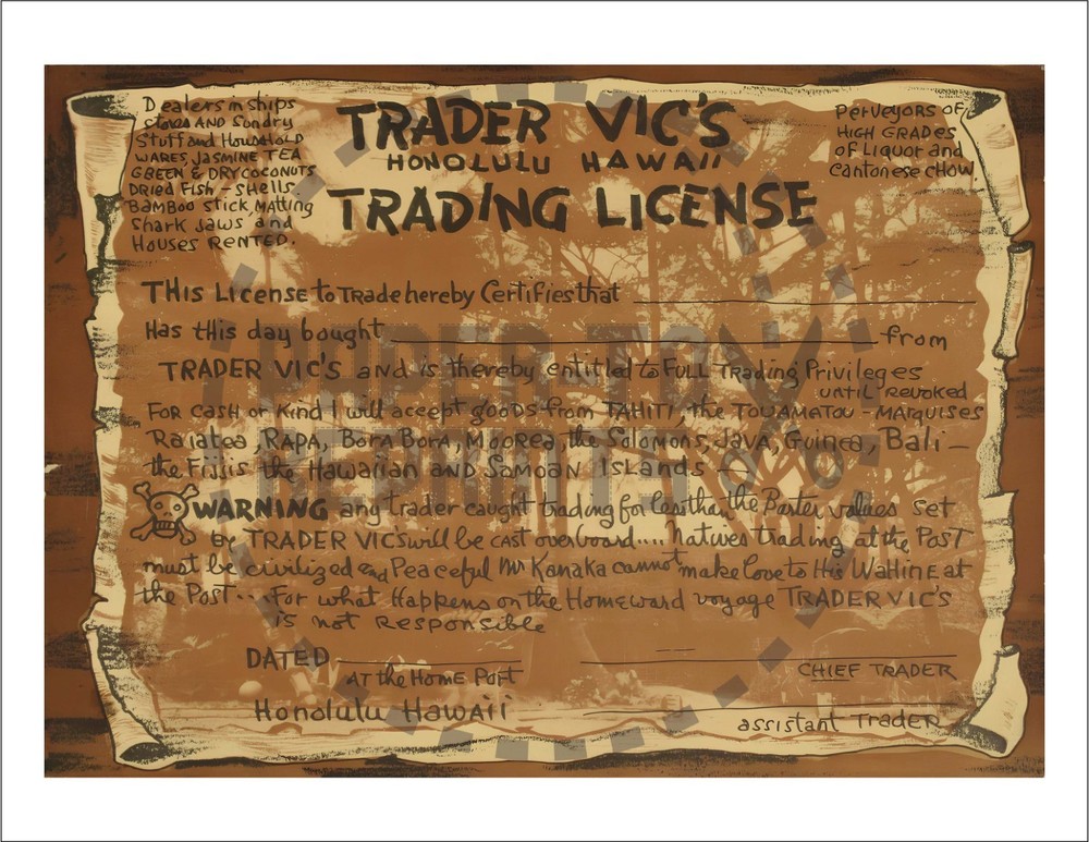 CERTIFICATES – TRADER VIC’S TRADING LICENSE – TAN/BROWN – VINTAGE REPRINT