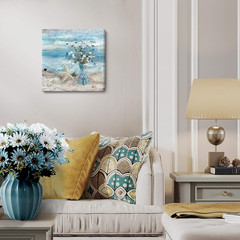 Bathroom Decor Wall Art Blue Beach Picture Ocean Theme Flower Canvas Print Moder