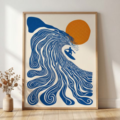 Minimalist Surfer Big Wave Sun Poster Japanese Style Ocean Art Print Coastal Dec