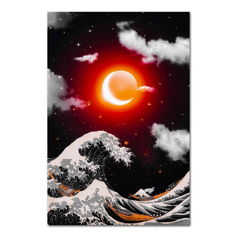 Great Wave off Kanagawa and Lunar Eclipse Canvas Painting Wall Art Poster Print