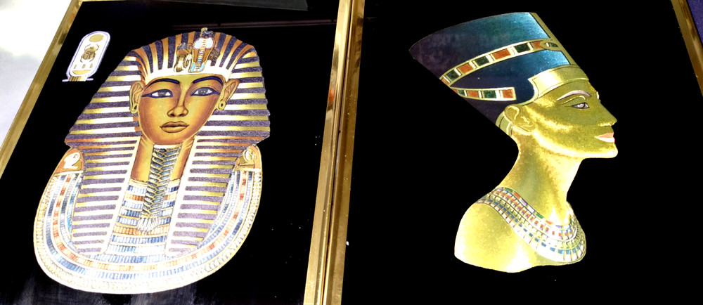 Vintage Egyptian King Tut and Queen Nefertiti Foil Wall Art Images- Gold Framed