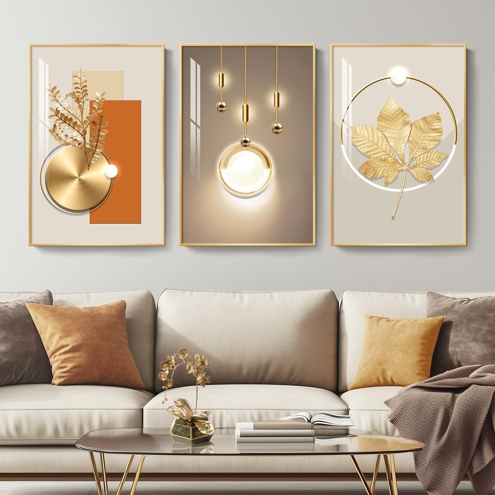 Framed Modern Luxury Gold Wall Art, Set of 3 Piece Contemporary Paintings Art…