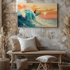 Surfer Riding Ocean Wave at Sunset Beach Canvas Wall Art Modern Coastal Print