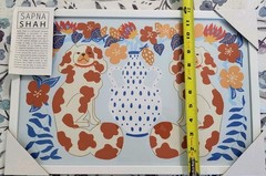 NEW SAPNA SHAH Chinoiserie Pekingese Dogs & Vase Print Framed Blue Orange 18×12”