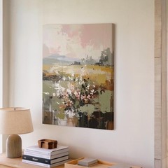 Dreamlike Landscape Canvassoft Green, Yellow, And Pink Abstract Art Wall Art