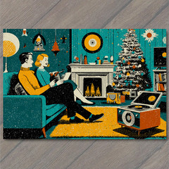 Art Print Midcentury Christmas Fireplace Retro Couple Music Vinyl Tree Cozy Nigh