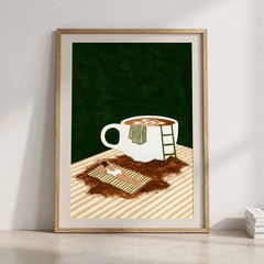 Coffee Grounds Beach Poster Woman Sunbathing Latte Art Whimsical Kitchen Decor