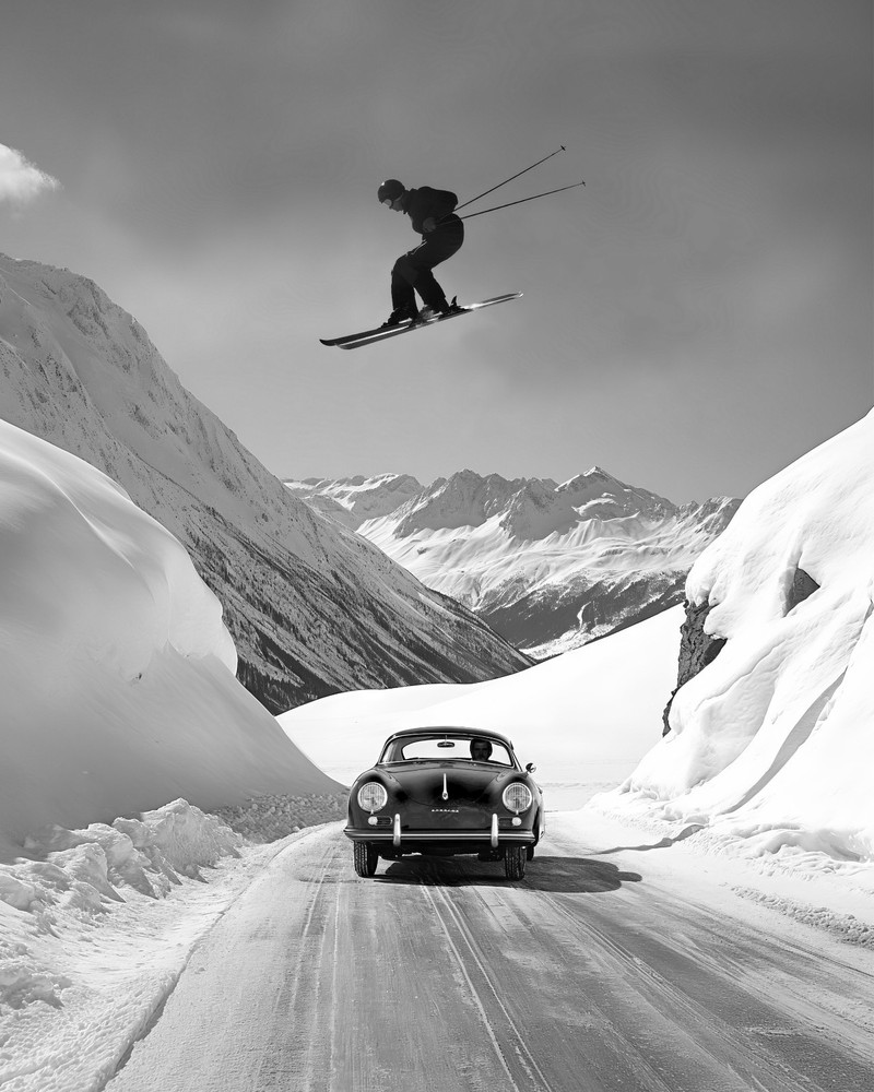 Skier Jumping Over Vintage Porsche Poster 18×24 Unframed Black & White Wall Art