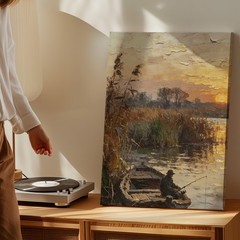 Rustic Fishing Boat Sunset Canvas Wall Art River Landscape Scene Print Art Print