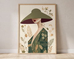 Elegant Art Deco Woman Poster Green Botanical Wall Art Mid Century Modern Print