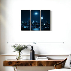 Moonrise Over Manhattan Multi 3-Panel Canvas Wall Art New York City NYC 23″x14″