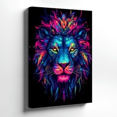 Wall Art Colorful Neon Lion Portrait Abstract Animal Canvas Print Poster Decor