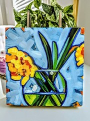 Darling Daffodils In A Fish Bowl 8″X8″X.75″ Canvas Board Acrylic Paints