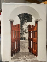 Pair of Framed Canvas Wall Prints, Country Cottage Door/Gate – red, white, black