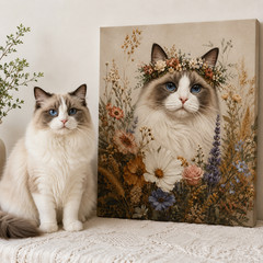Boho Floral Cat Canvas Wall Art | Whimsical Ragdoll Kitten in Wildflowers Print
