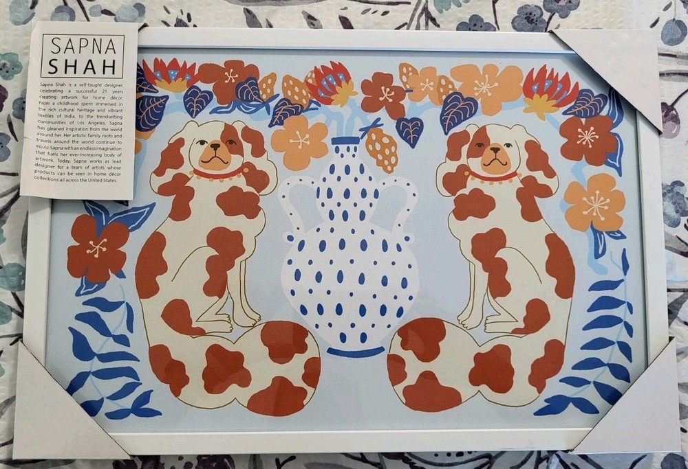NEW SAPNA SHAH Chinoiserie Pekingese Dogs & Vase Print Framed Blue Orange 18×12”