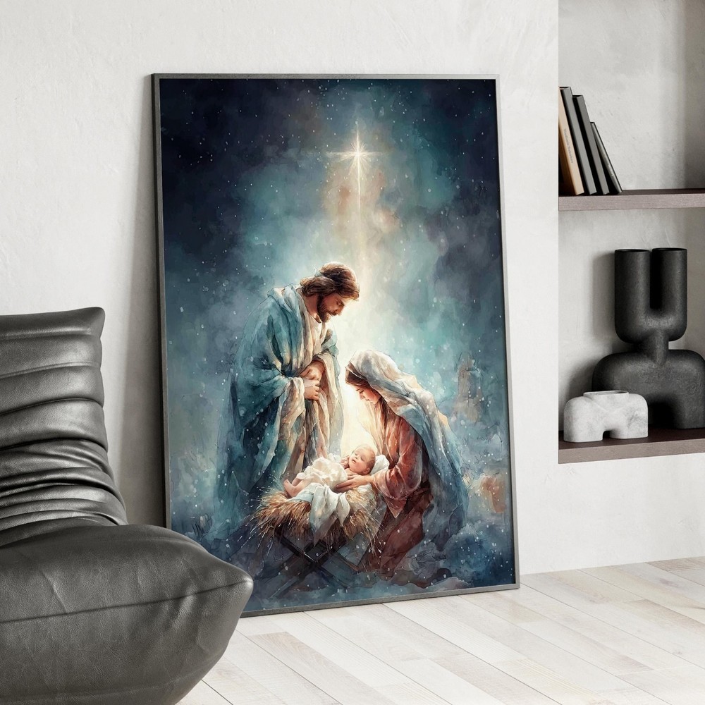 Watercolor Nativity Scene Art | Birth of Jesus Holy Family Canvas Print