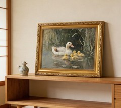Vintage Gold Framed Duck Family Canvas Wall Art, Countryside Ducks in River P…