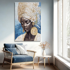 Blue Gold Black Woman Canvas Art – 32×48″ Modern Portrait for Home & Office