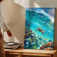Underwater Sea Turtle Canvas Wall Art Tropical Coral Reef Fish Ocean Print Home
