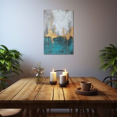 Abstract Gold Teal Gray Painting Print, Framed Canvas Wall Art Modern Elegant