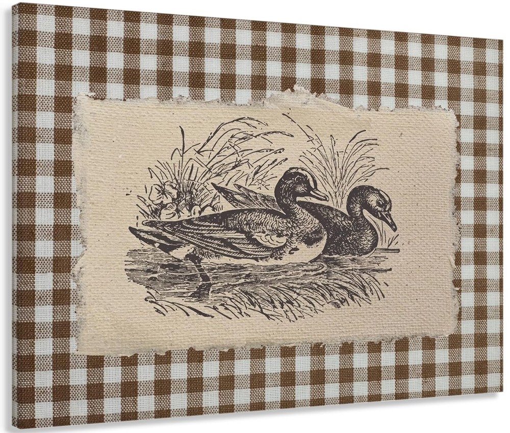 Framed Vintage Sketch Ducks Canvas Wall Art Brown Gingham Duck Wall Decor Pic…