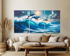 Blue Wave Wall Art, 3-Panel Canvas, Ocean Decor, Large Modern Dolphin Wall Art