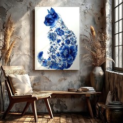 Wall Art Blue Floral Mandala Canvas Print Boho Lotus Abstract Decorative Decor