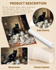 Vintage Black Cat Art Print Mischievous Kitten Painting Funny -8″ x 10″-UNFRAMED