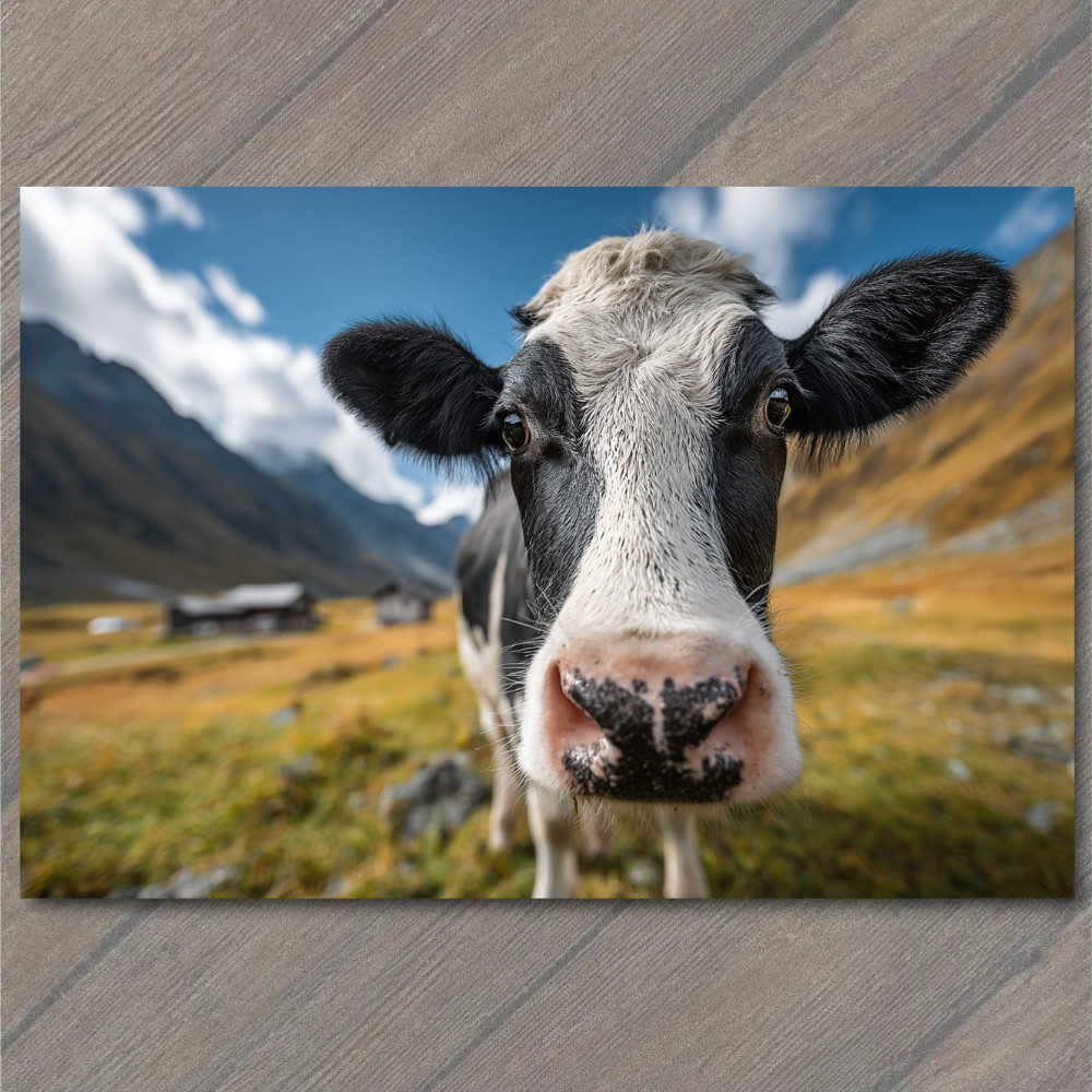 Art Print Funny Cow Close Up Farm Animal Cute Nose Wide Angle Mountain Pasture H