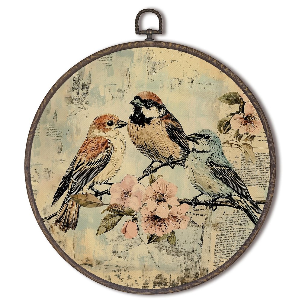 Vintage Rustic Bird Floral Round Framed Wall Art Decor, Cottagecore Antique R…