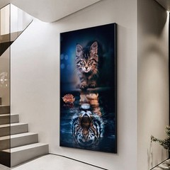 Canvas Painting Cute Cat Reflection Tiger In Water Wall Picture Poster Print Art