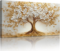 Extra Large White Gold Tree of Life Canvas Art for Modern Home Decor 29″x57