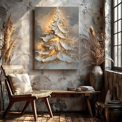 Wall Art Abstract Christmas Tree Canvas Painting Gold White Textured Home Decor
