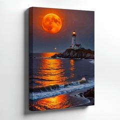 Wall Art Lighthouse Ocean Beach Full Moon Sunset Coastal Landscape Print Decor