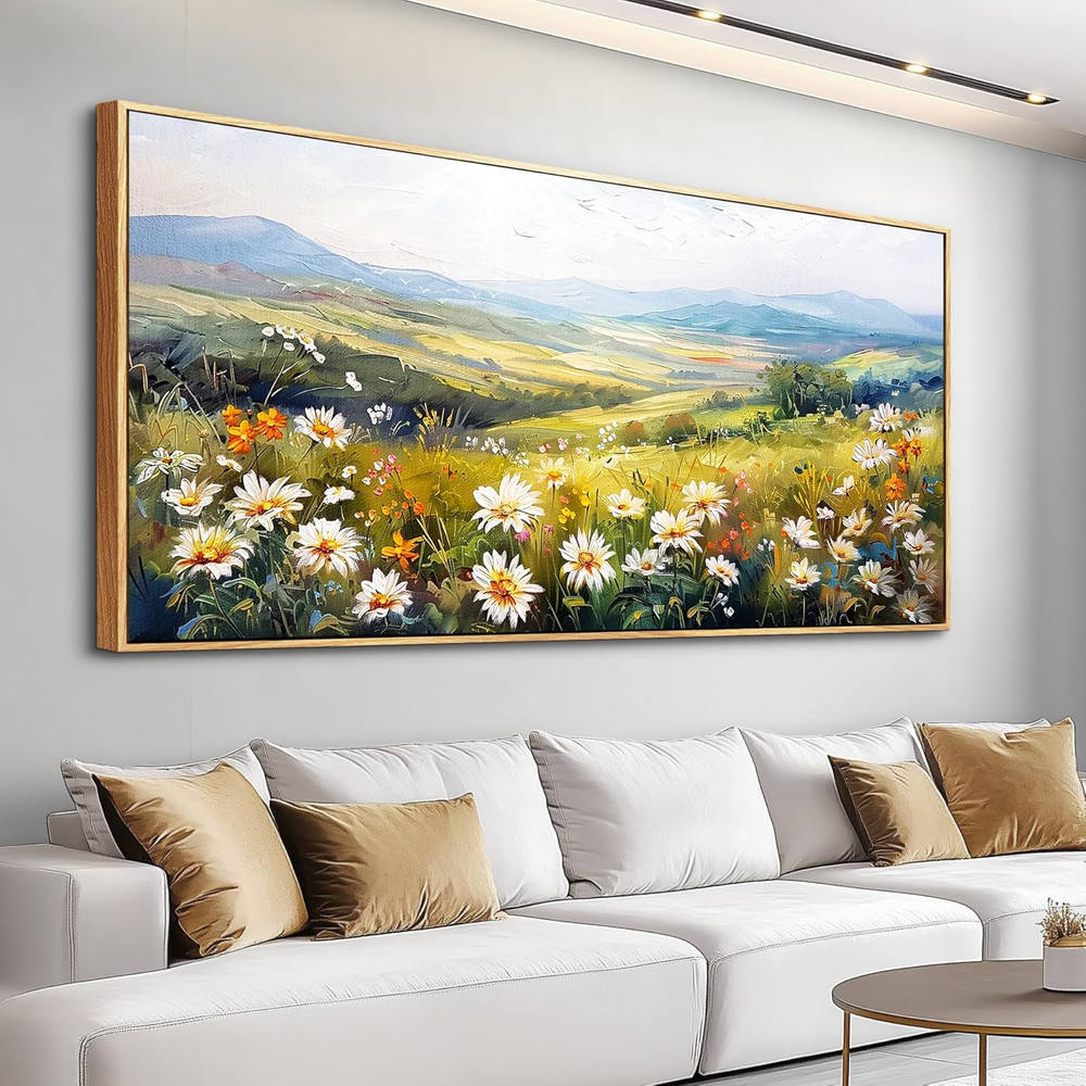 Large Wood Framed Canvas Wall Art – Pastoral Flower Decor 30×60 In