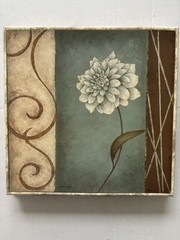 Teal Blue Tan Decorated Picture Of Flower Framed Artwork – Wall 13x13x2